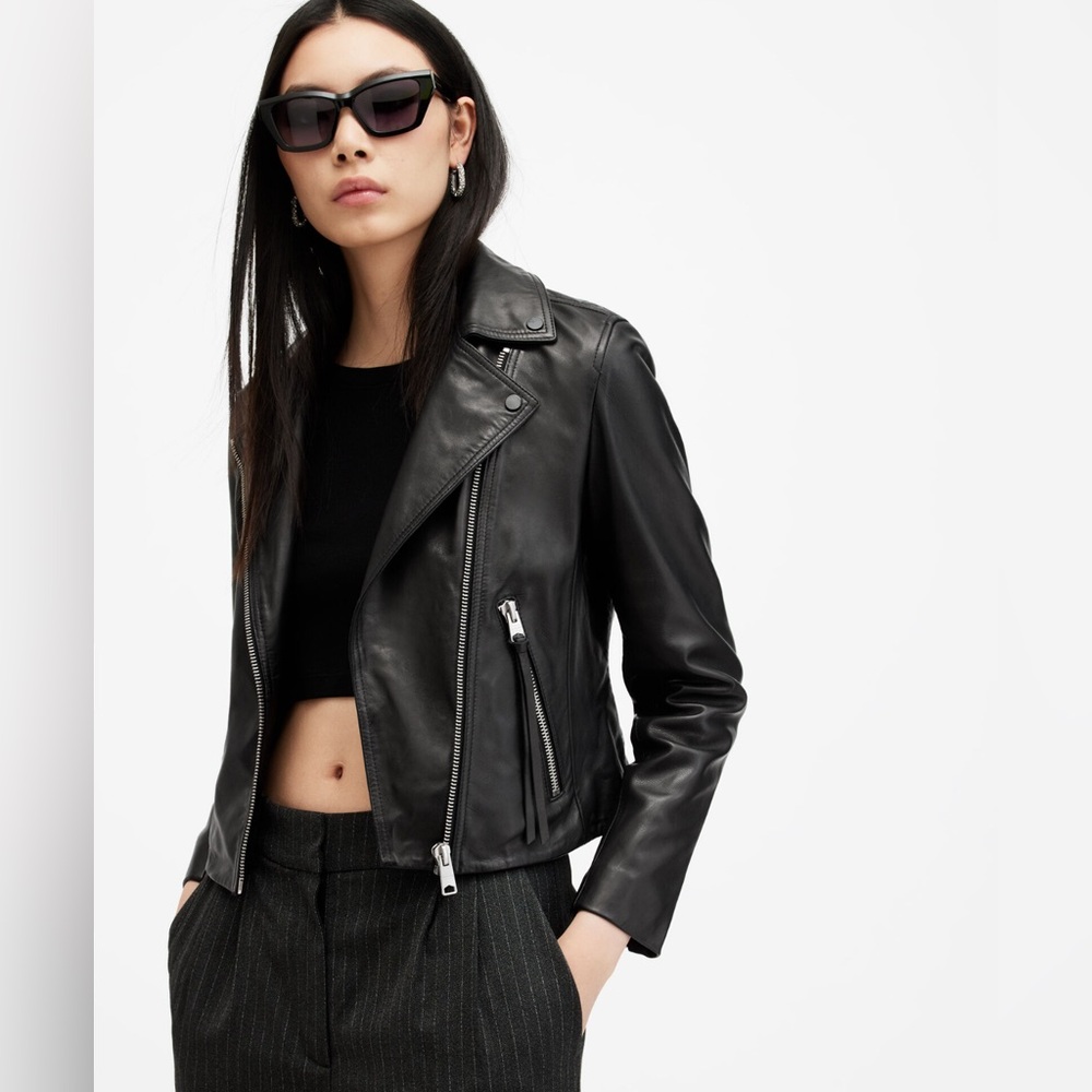 AllSaints Black Slim Fit Real Leather Biker Jacket US 4 UK 8 (Like New!)